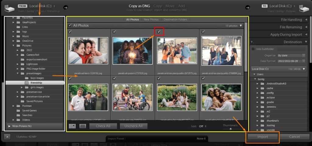 click on import button and picture in Lightroom application