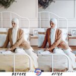 Almond-based Presets before and after effects on lady who sitting on the bad with minimal look